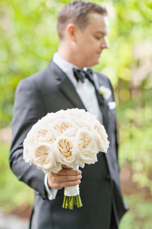 Gorgeous white wedding bouquet with David Austin Wedding Roses Patience. 