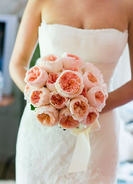 Pink wedding bouquet of David Austin Juliet roses; a great alternative for peonies. 